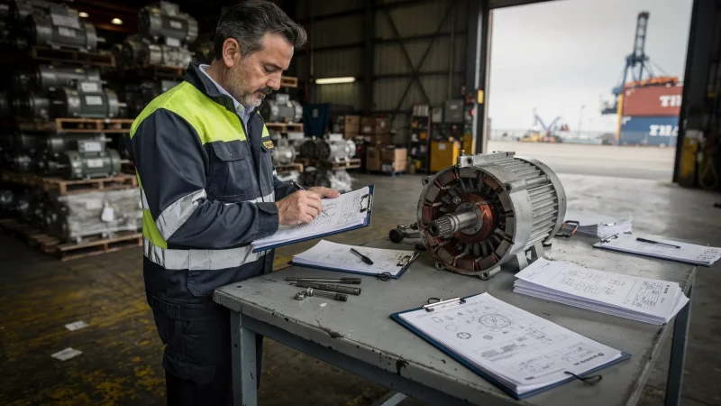 Controllo doganale su motori elettrici con documenti tecnici e portaspazzole in primo piano